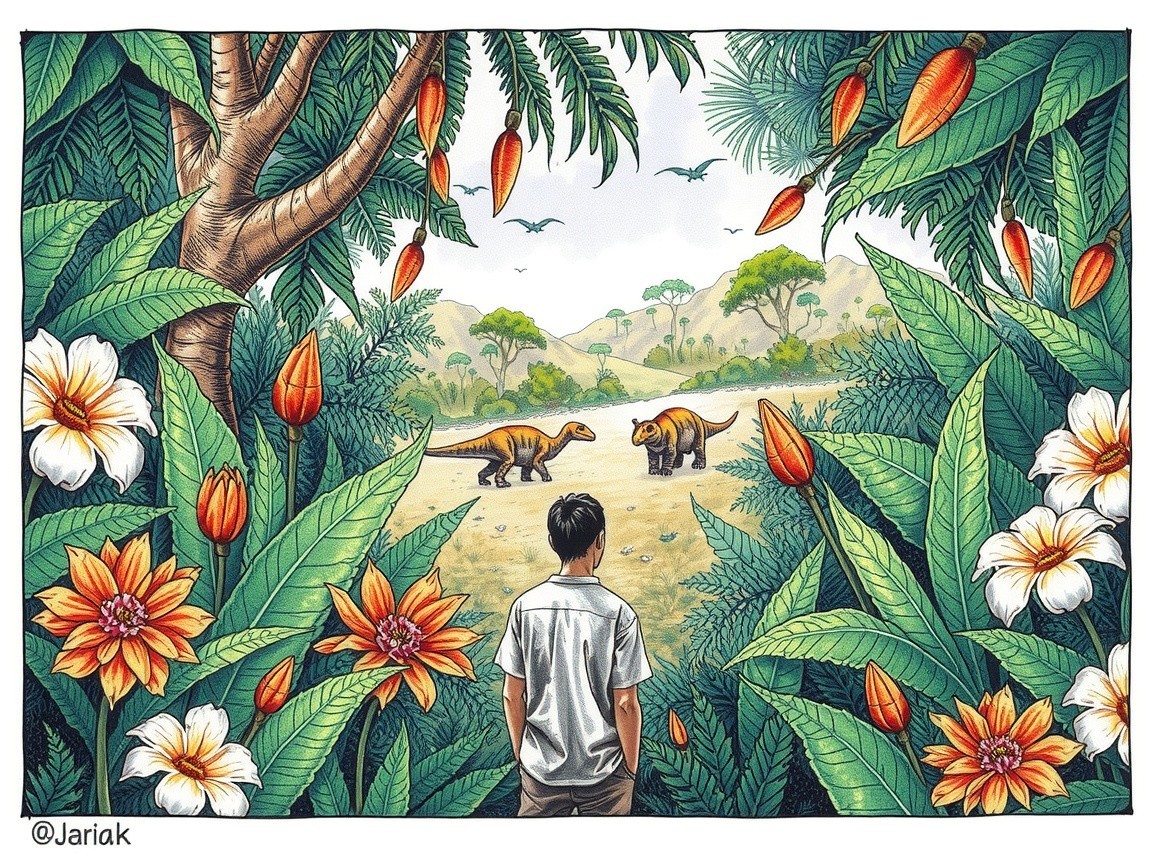 Boy in Tropical Foliage Observing Dinosaurs Nearby