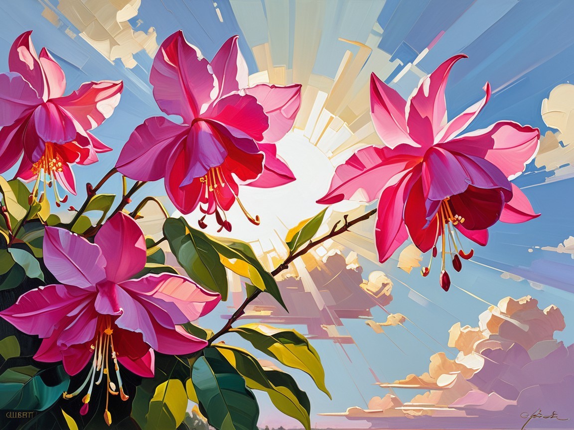 Vibrant Pink Fuchsias Against a Sunny Sky