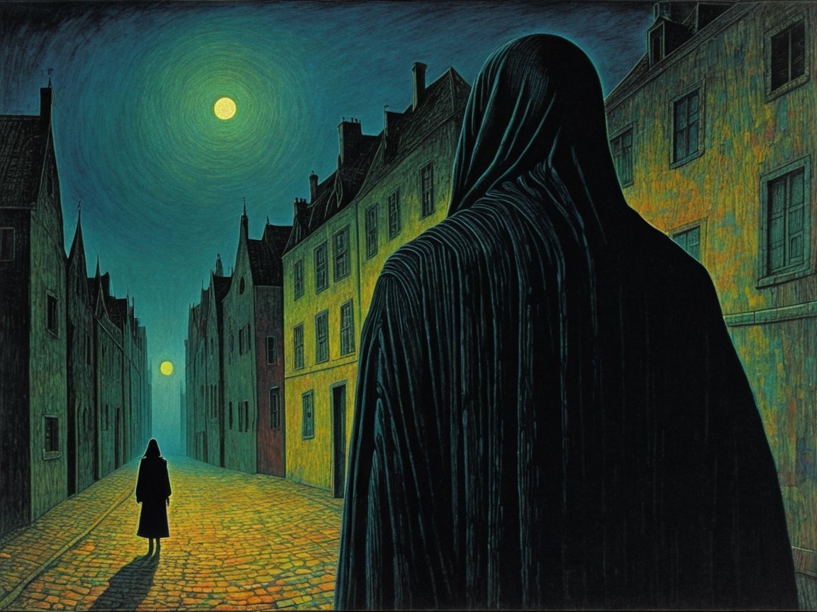 Shadowy Figure on Cobblestone Street Under Moonlight