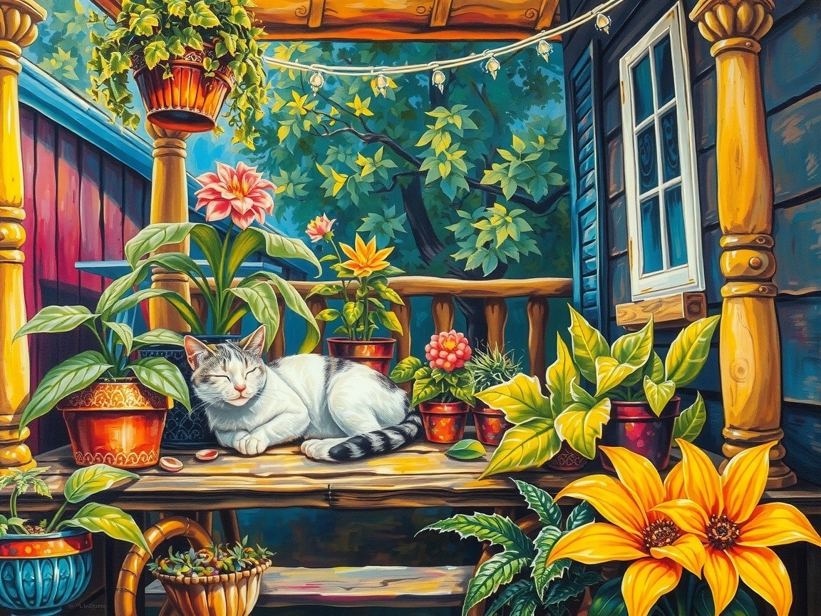 Cozy Porch Scene with Cat and Colorful Plants