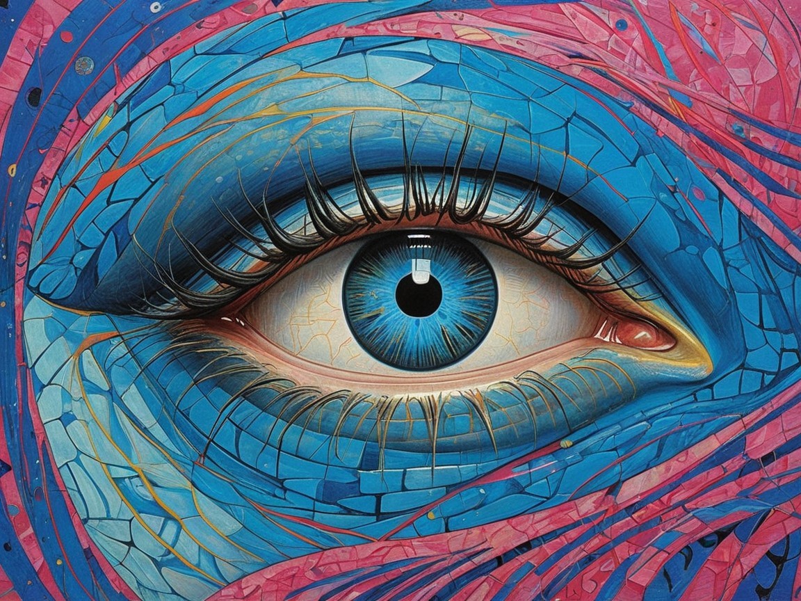 Vivid Eye Surrounded by Intricate Blue and Pink Patterns