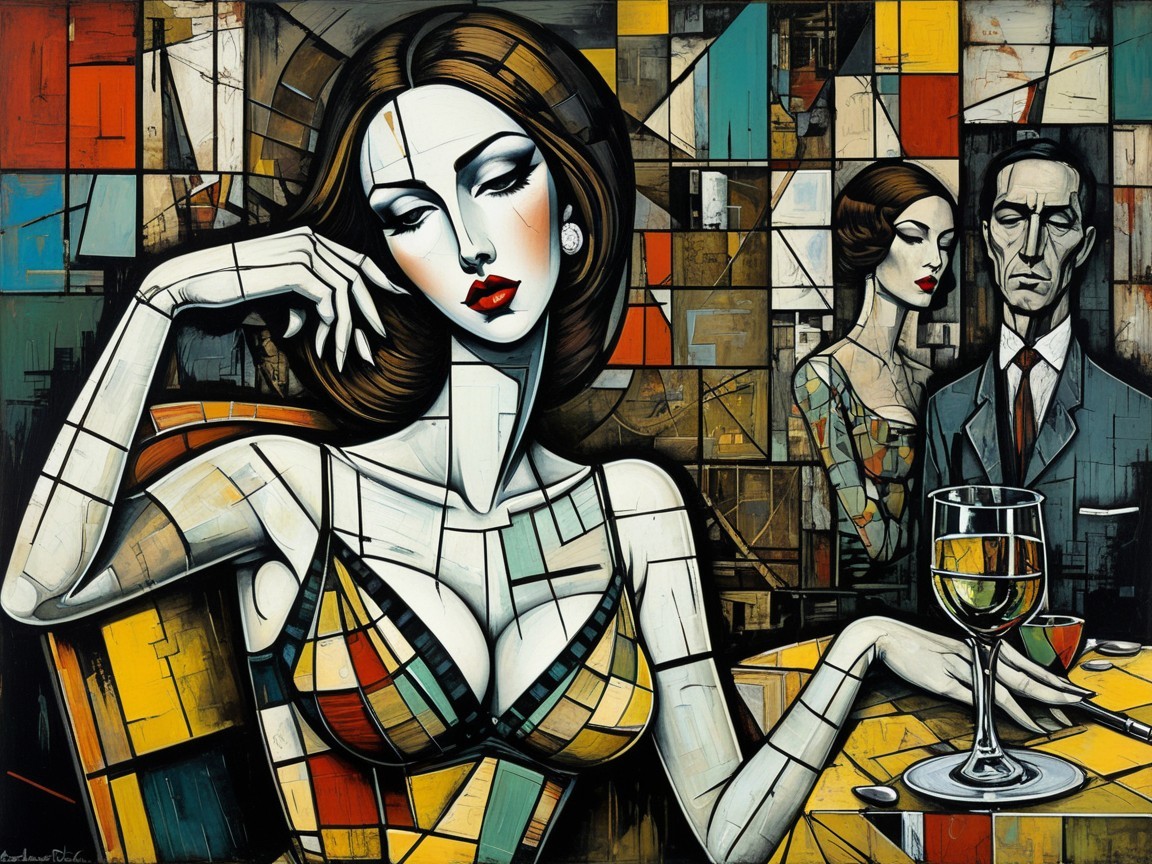 Abstract Painting of Confident Woman in Patterned Dress