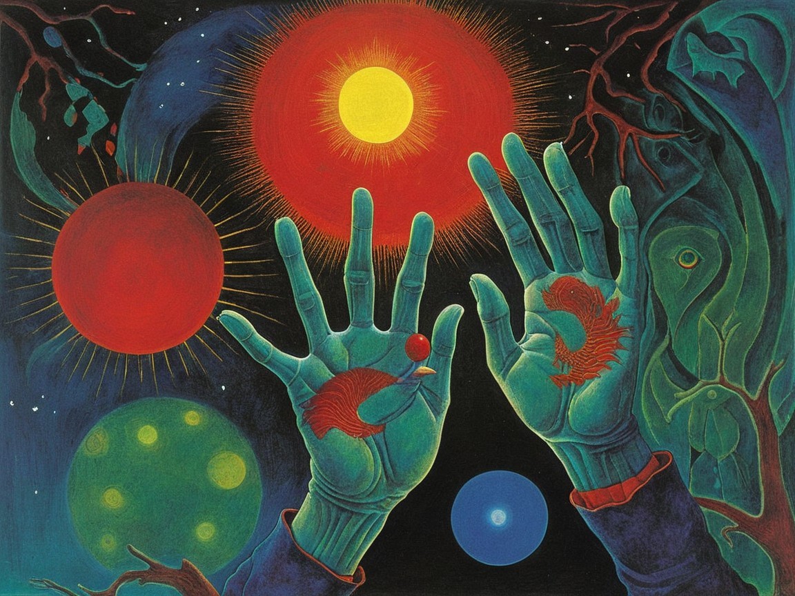 Hands Cradling Celestial Bodies in Vibrant Colors