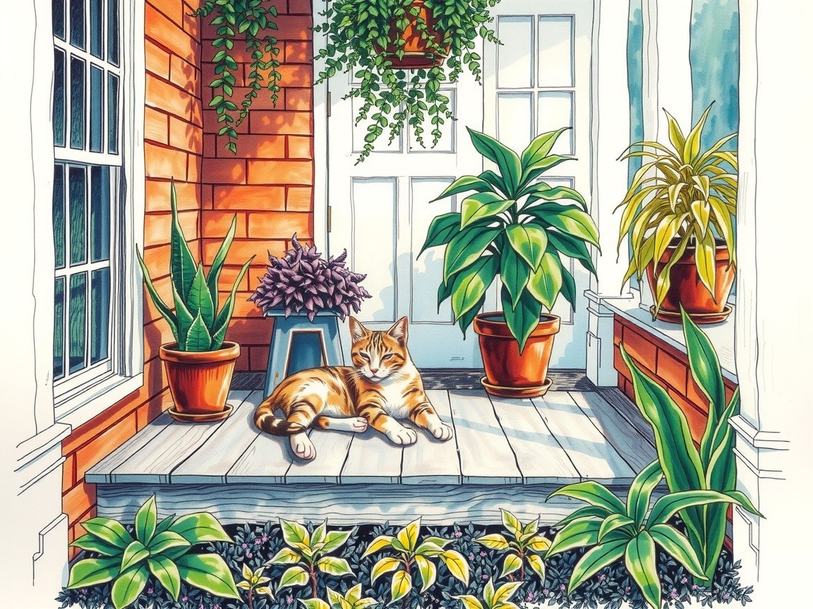 Cozy Porch Scene with Orange Tabby and Potted Plants