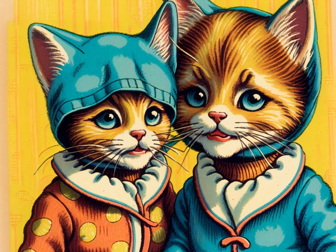 Cartoon Kittens in Colorful Outfits on Yellow Background