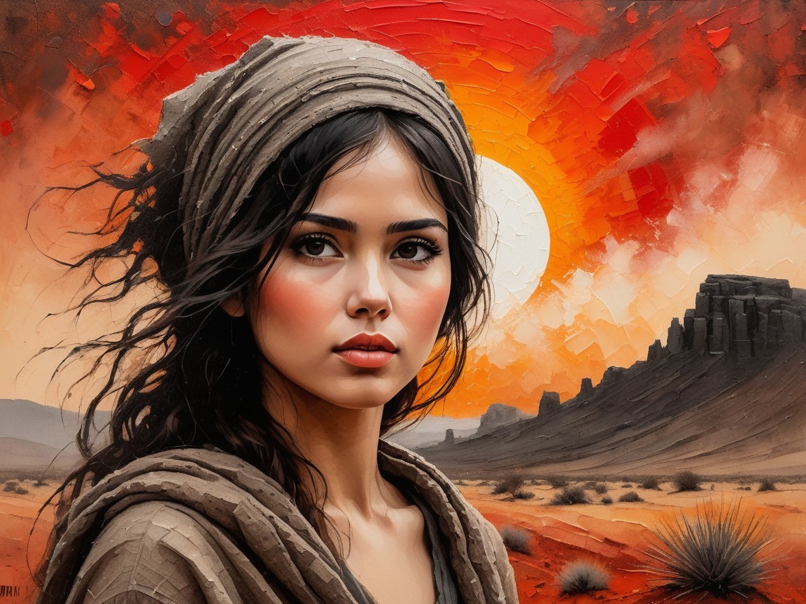 Young woman in desert sunset with rock formations