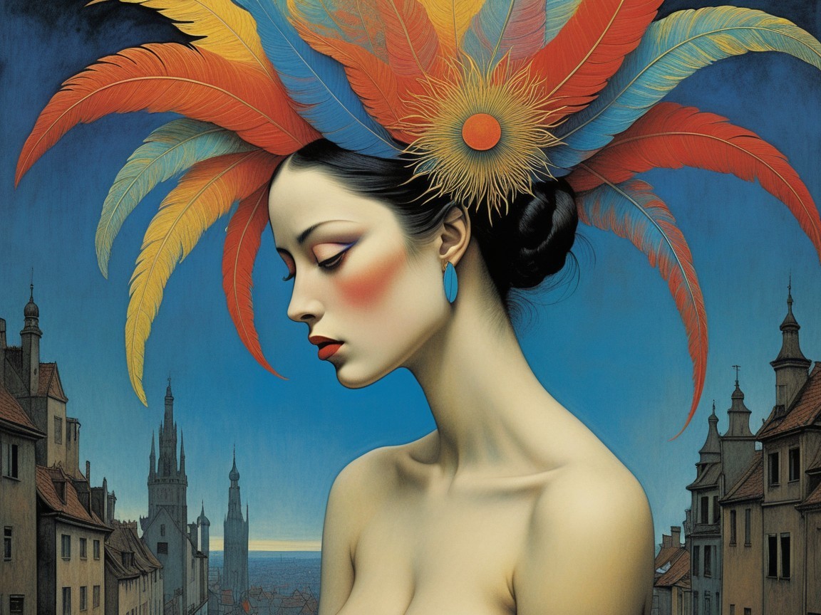 Elegant Woman with Colorful Feathered Headpiece
