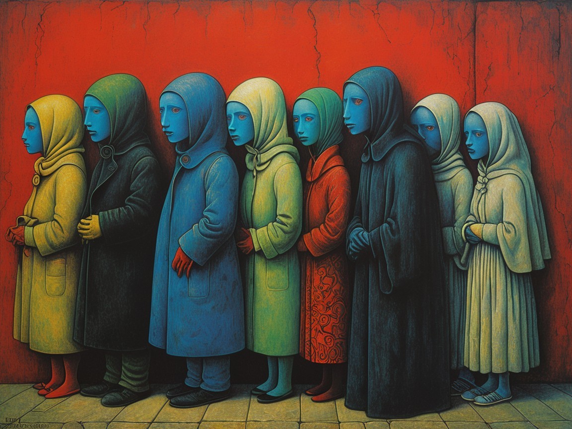 Figures in Colored Garments Against Red Background
