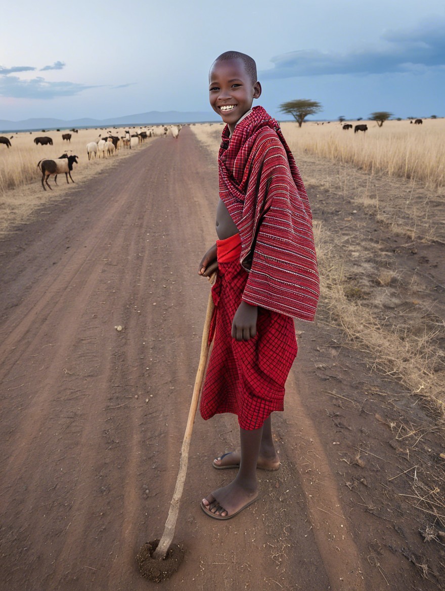 Young Boy in Shuka on Dusty Road with Cattle Grazing