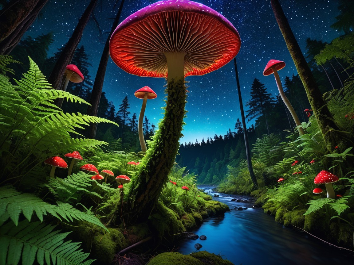 Mystical forest with glowing red mushrooms and river