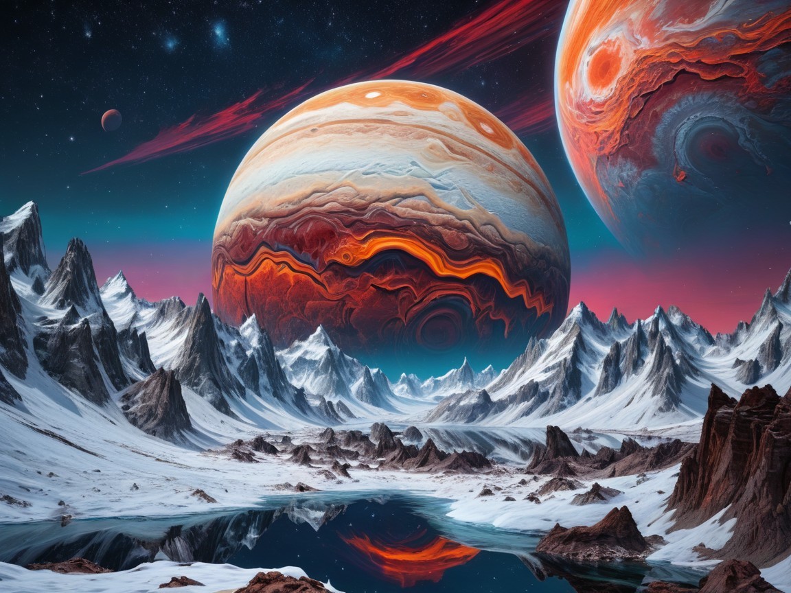 Alien Landscape with Snow-Capped Mountains and Lake