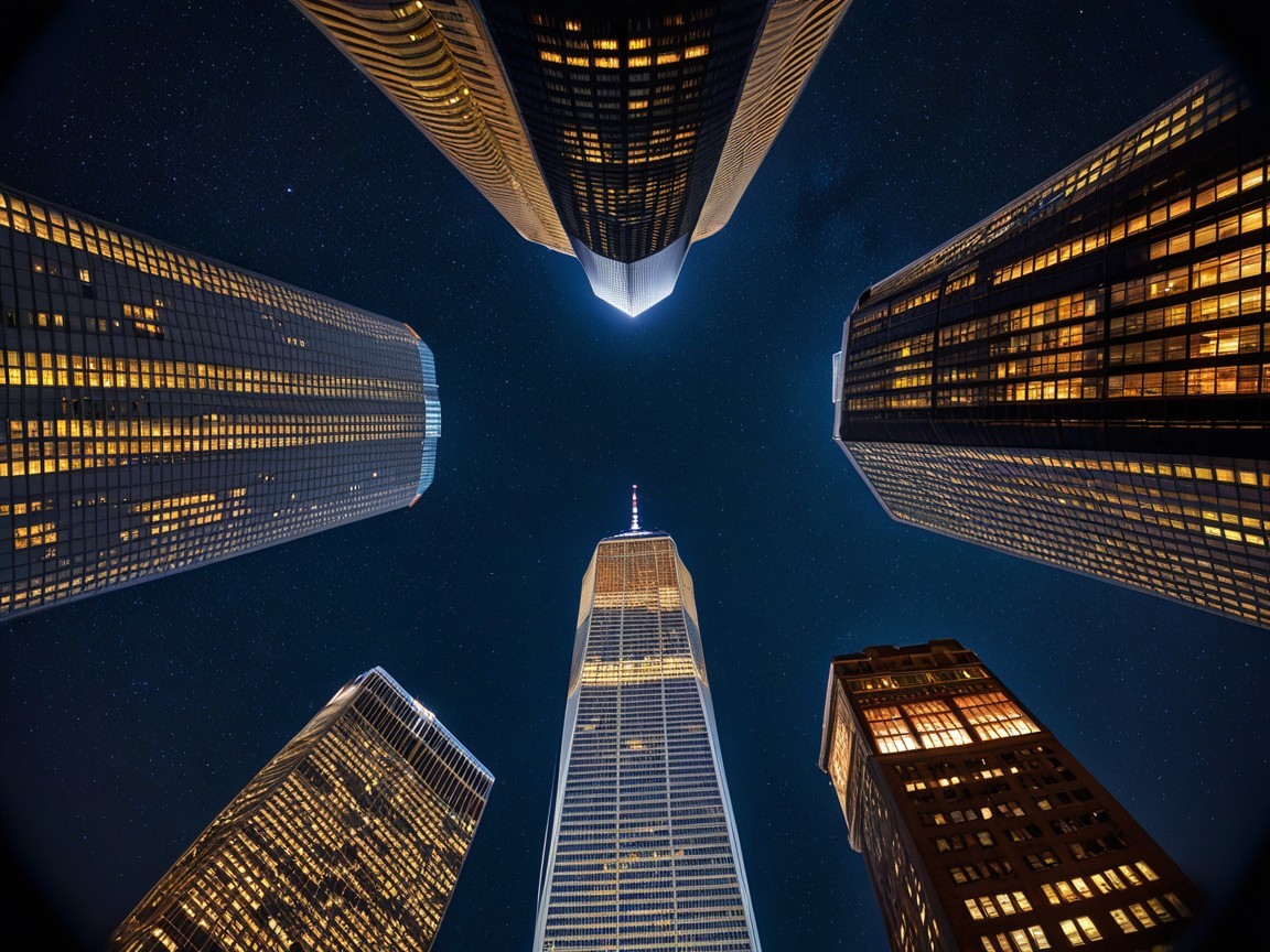 Dramatic Night View of Illuminated Skyscrapers