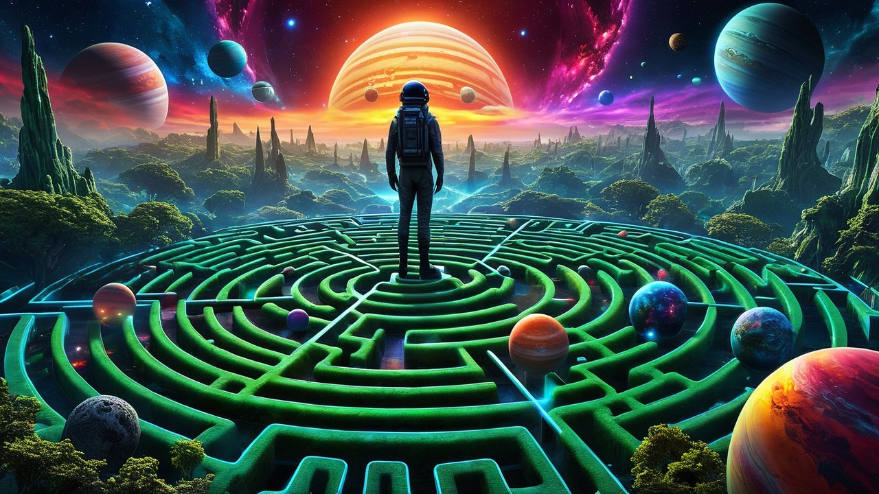 Astronaut in a Glowing Maze with Cosmic Background