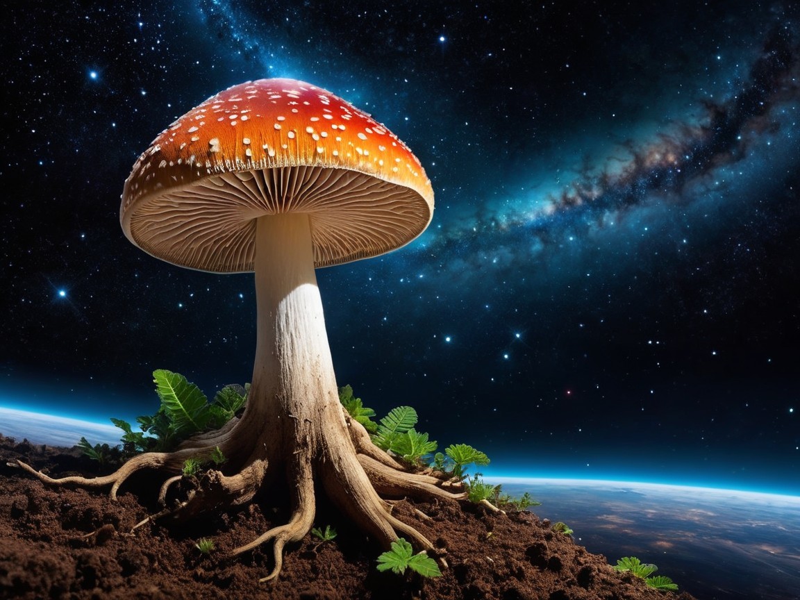 Oversized orange mushroom in cosmic galaxy backdrop