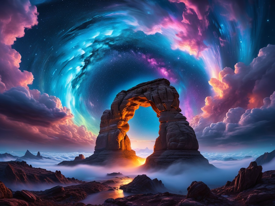 Rock Arch Against Cosmic Sky with Vibrant Colors