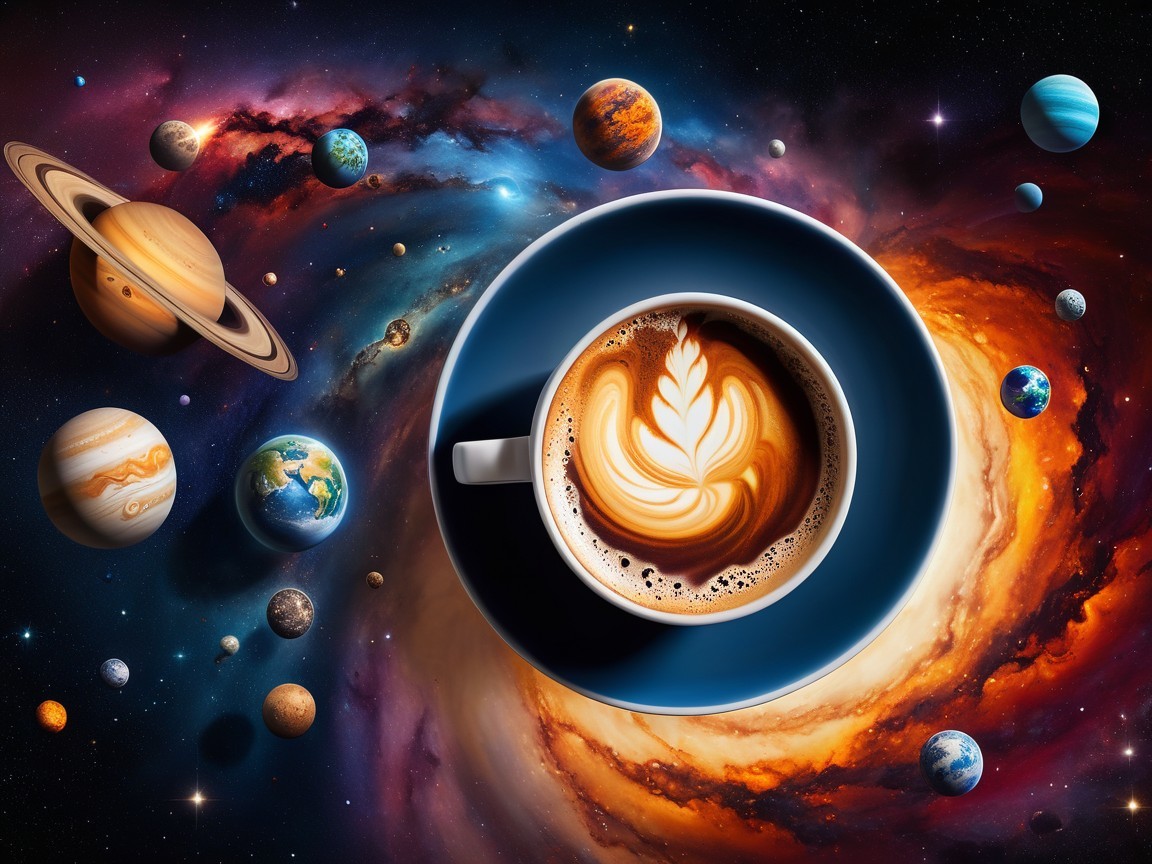 Floating Coffee Cup with Cosmic Background Art
