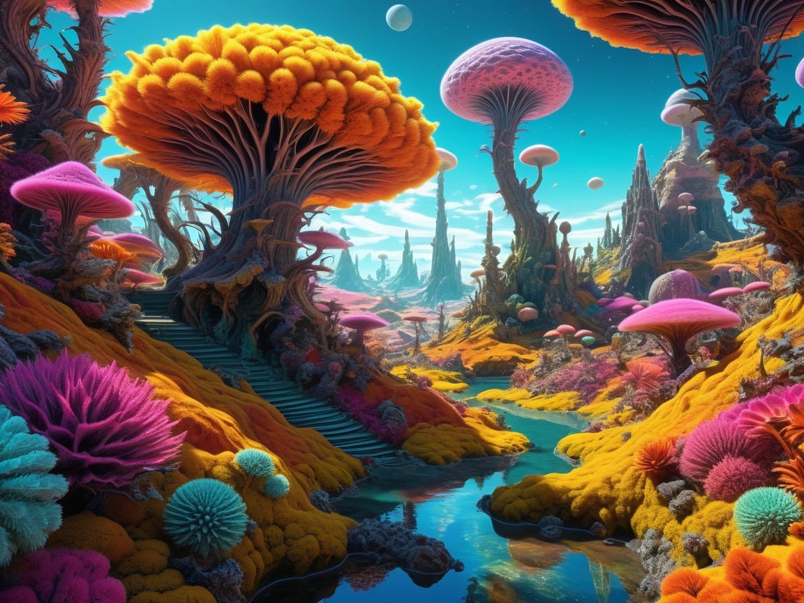 Vibrant Alien Landscape with Colorful Flora and River