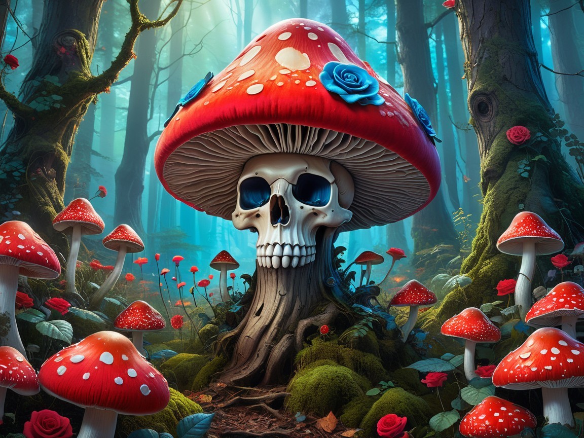 Giant Red Mushroom and Skull in Mystical Forest Scene