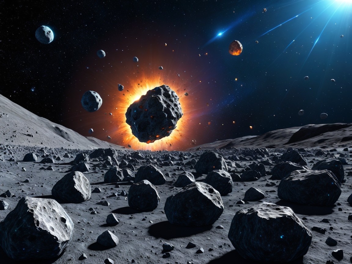 Cosmic Scene with Lunar Landscape and Asteroids