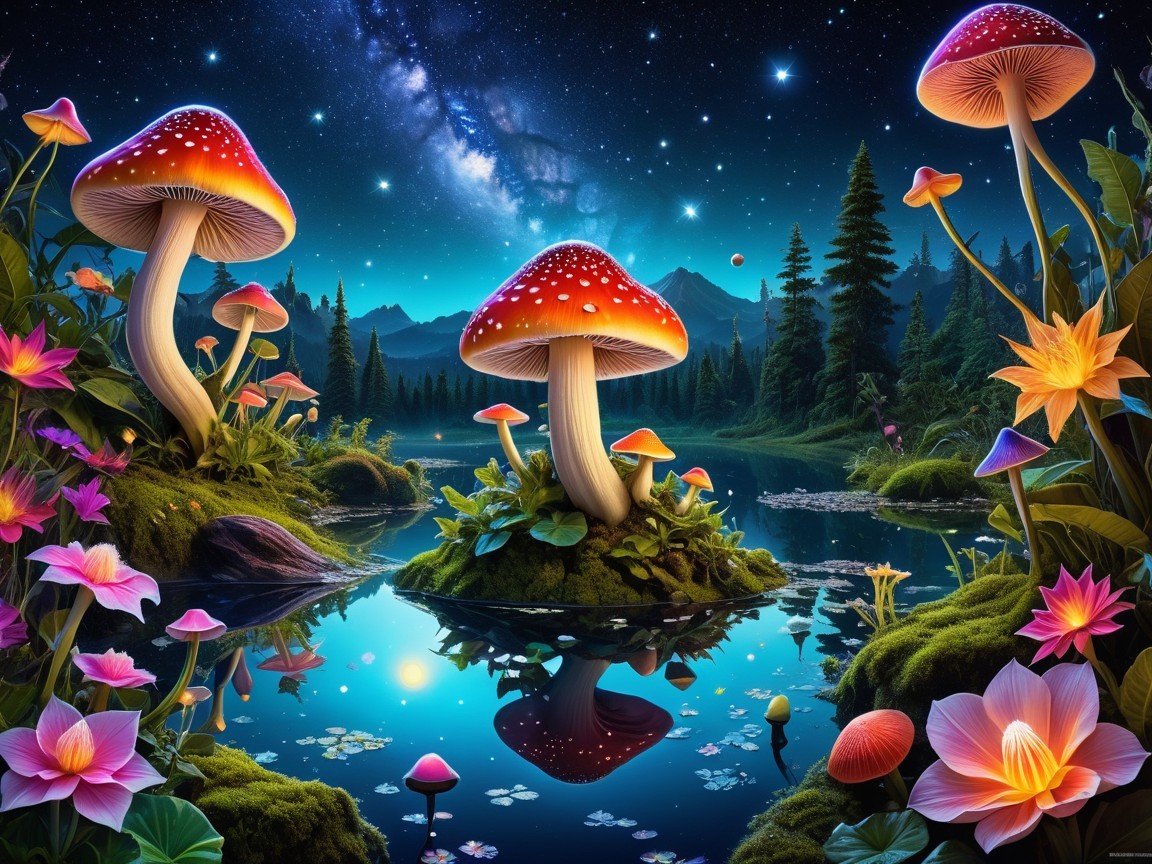 Magical Landscape with Vibrant Mushrooms and Lake