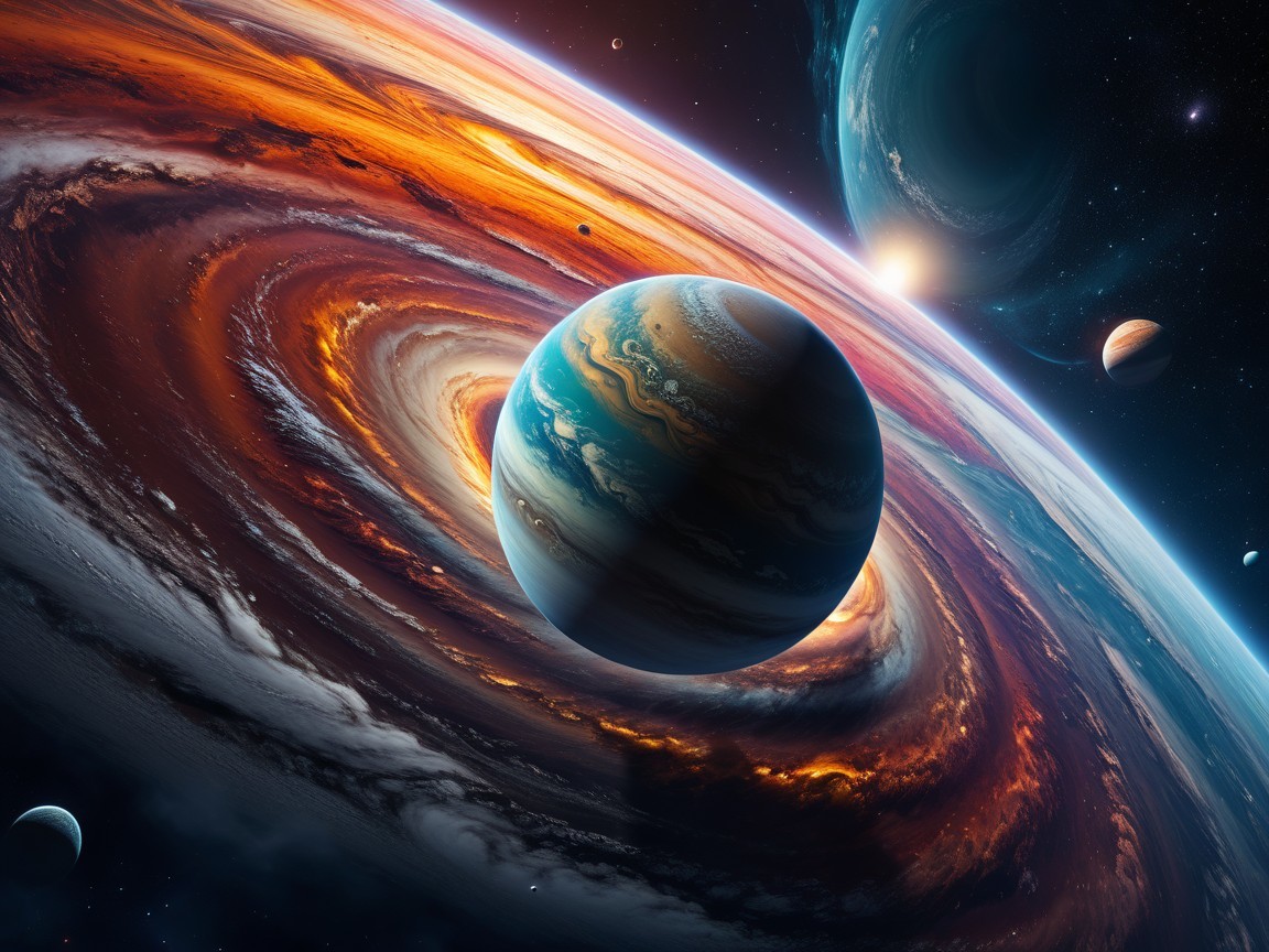 Swirling Galaxy with Vibrant Colors and Massive Planet