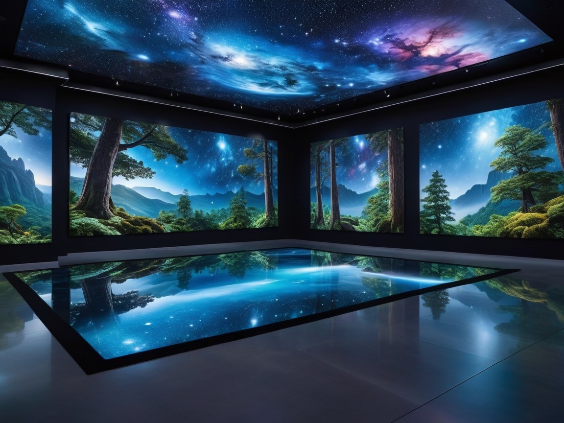 Futuristic room with vibrant screens and serene landscapes