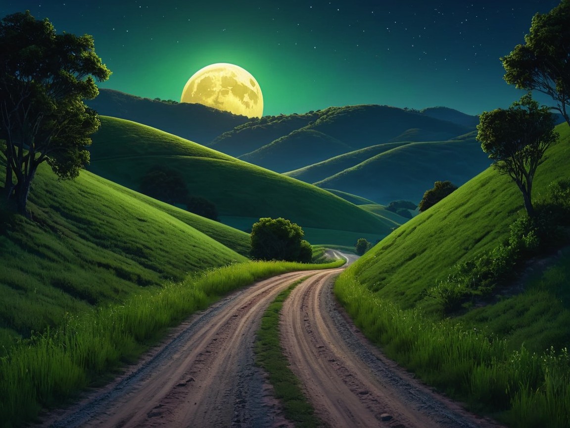 Winding Dirt Road Through Lush Hills at Night