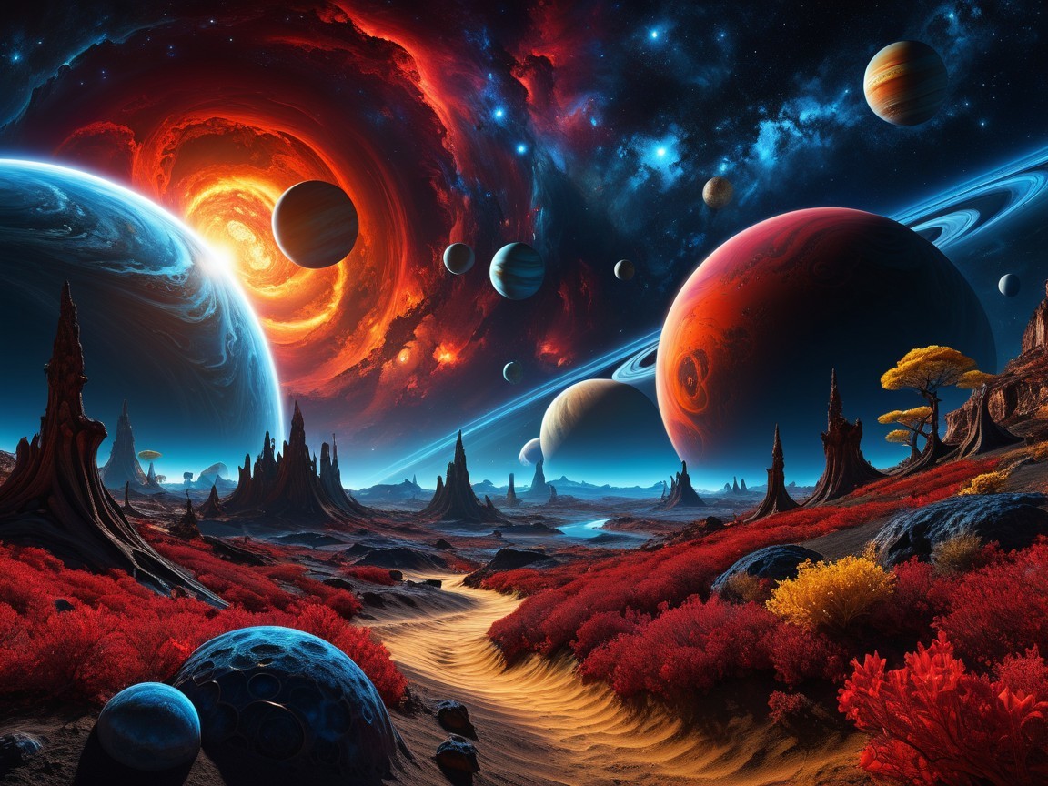 Vibrant Cosmic Landscape with Planets and Alien Terrain