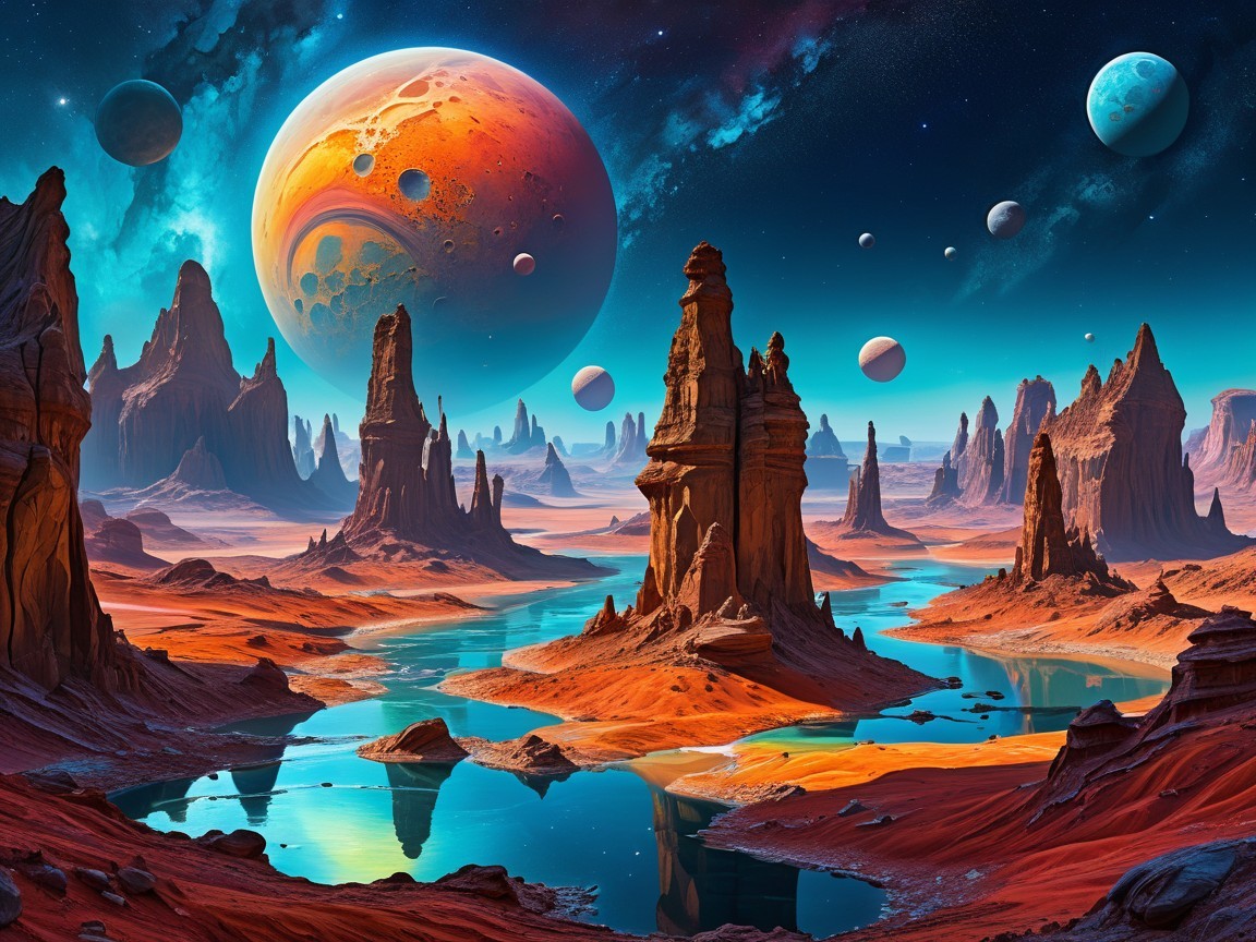 Alien Landscape with Rock Formations and Celestial Bodies