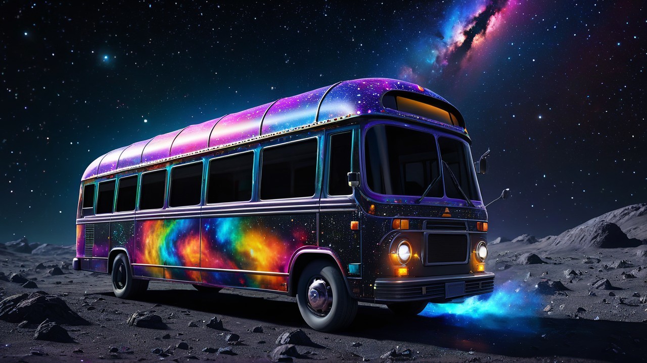 Colorful Retro Bus Against Cosmic Starry Background