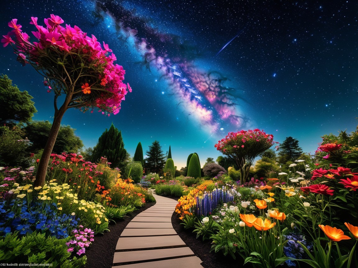 Vibrant Garden Pathway Under Starry Night Sky
