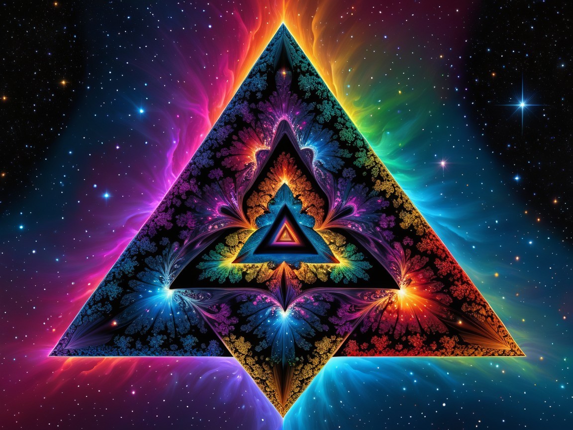 Vibrant Neon Fractal Pyramid in Starry Cosmic Scene