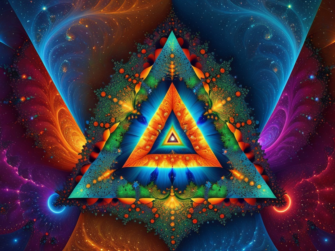 Vibrant Digital Artwork with Geometric Triangle and Fractals