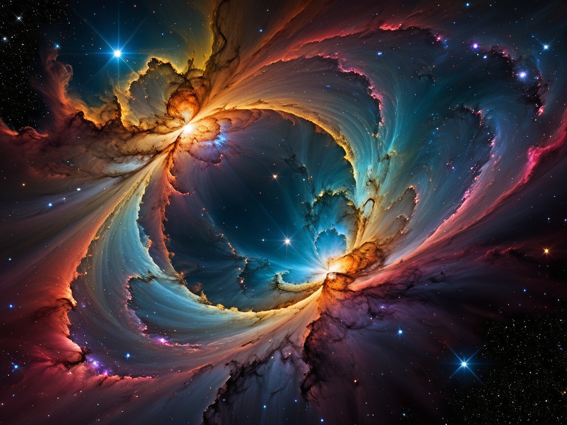 Vibrant Cosmic Scene with Swirling Colorful Clouds