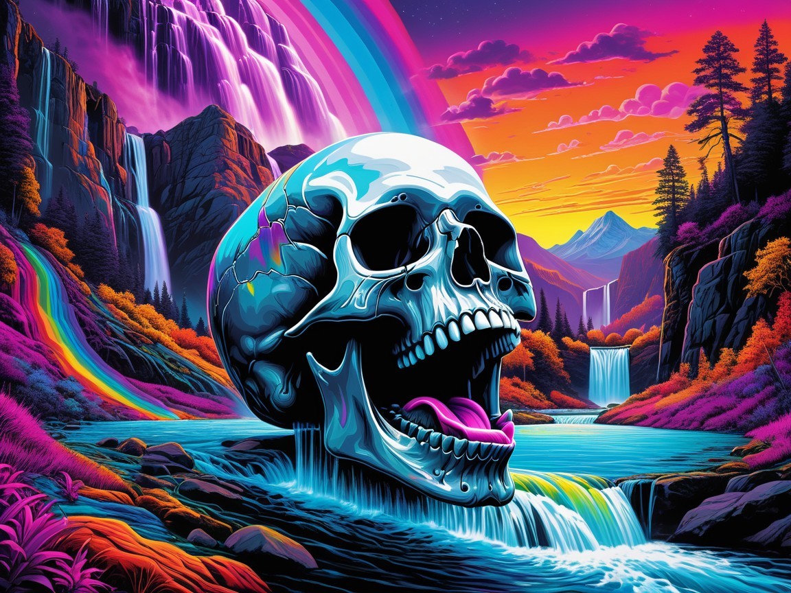 Vibrant Skull Scene with Waterfalls and Sunset