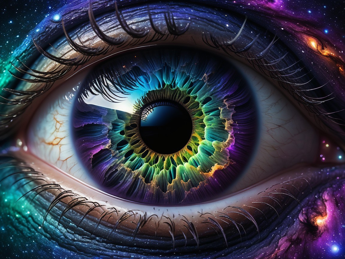 Close-up of a colorful, cosmic-themed eye iris