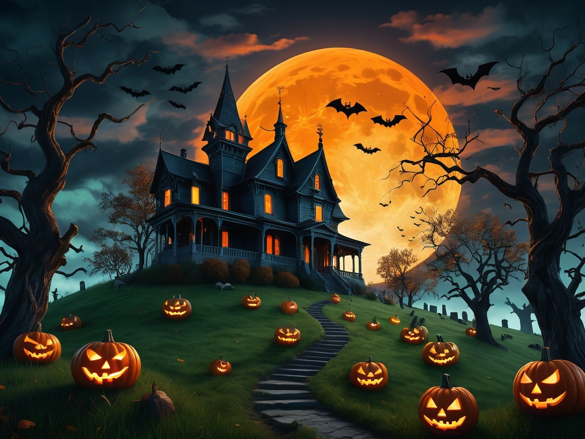 Haunted Halloween Landscape with Moon and Jack-o'-lanterns