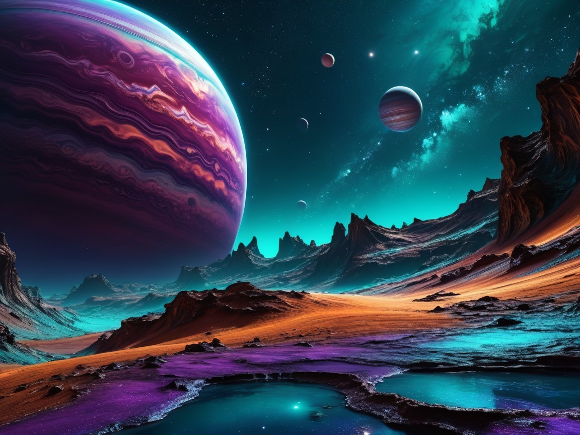 Alien Landscape with Multicolored Sky and Mountains