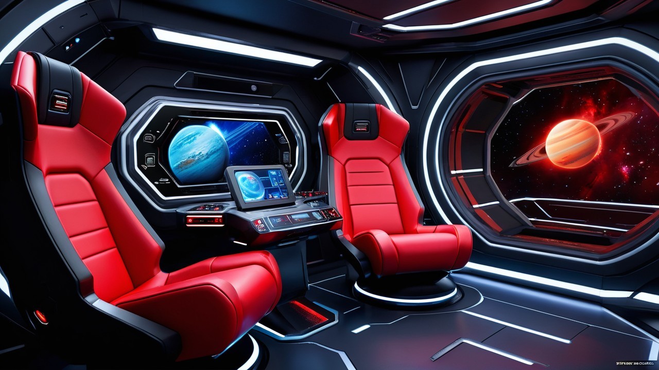 Futuristic Cockpit with Red Chairs and Space View