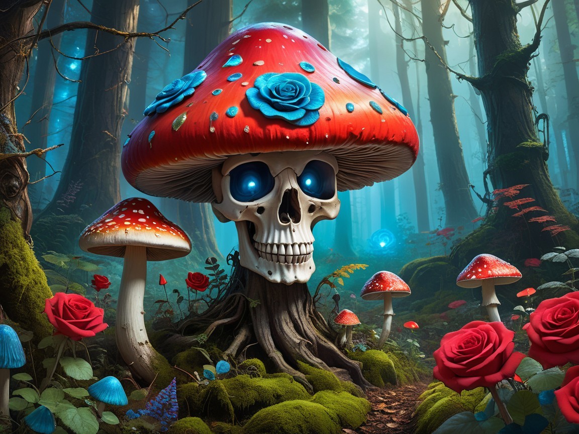 Giant Red-Capped Mushroom Surrounded by Eerie Elements