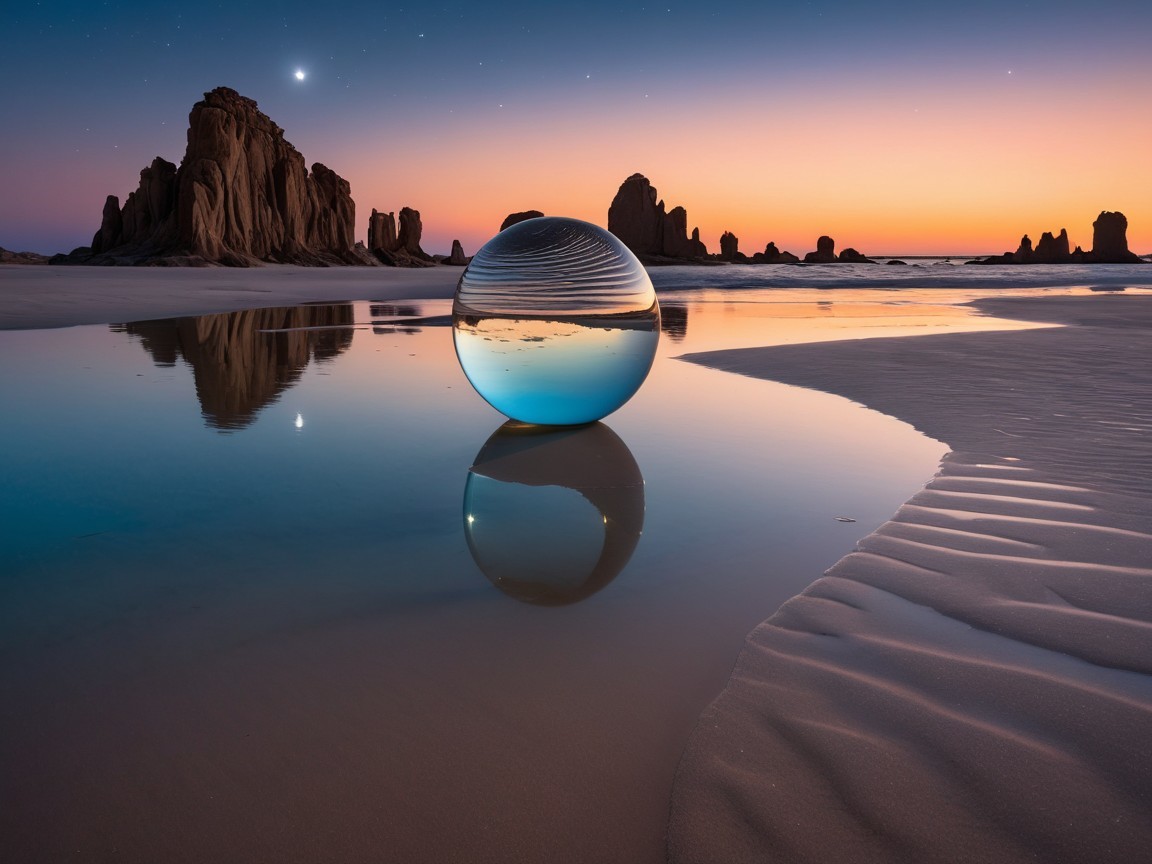 Twilight Beach Scene with Reflective Glass Orb
