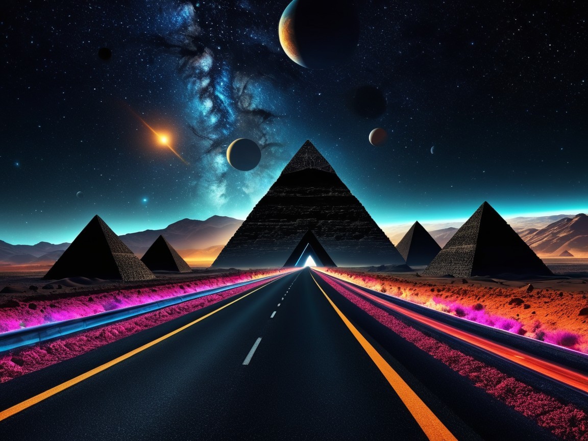 Surreal Landscape with Pyramids and Starry Sky