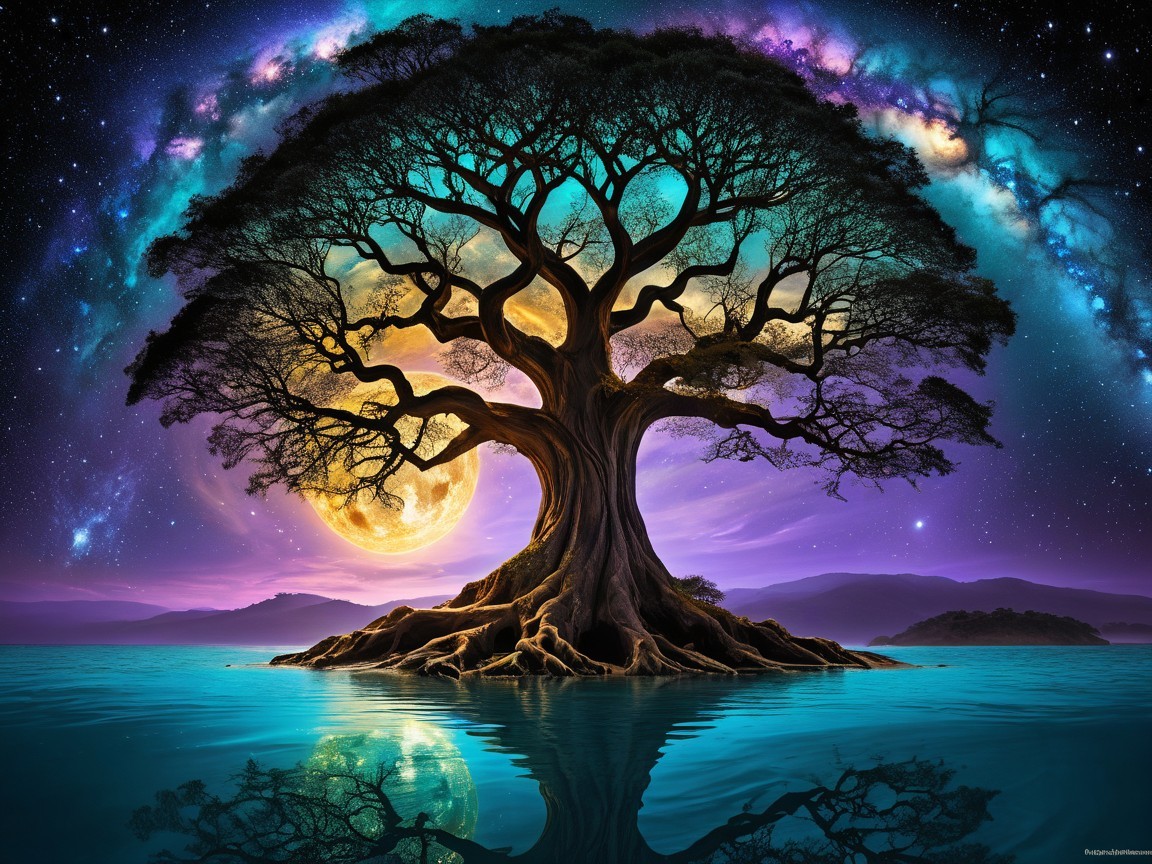 Majestic tree by tranquil water under a starry sky