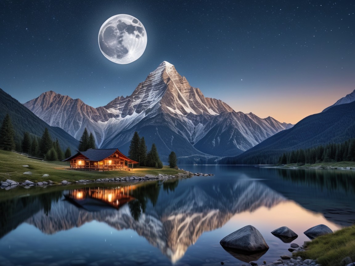 Mountain Landscape with Full Moon and Reflective Lake
