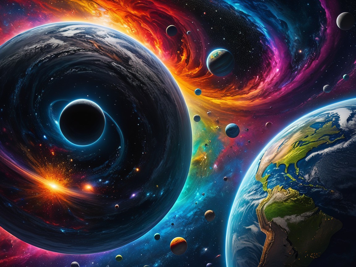 Vibrant Cosmic Scene with Galaxy and Black Hole
