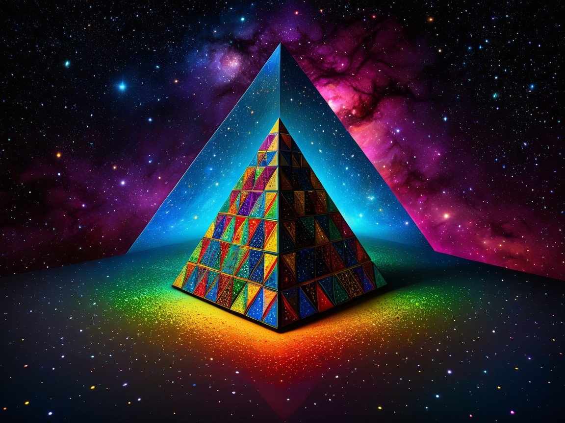 Colorful Pyramid Against Cosmic Galaxy Backdrop