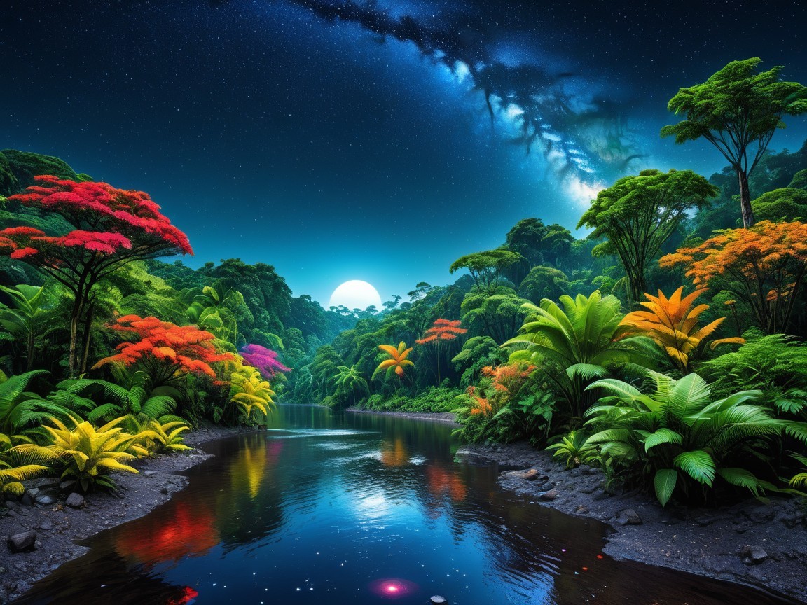 Tranquil River in Vibrant Jungle Under Moonlight
