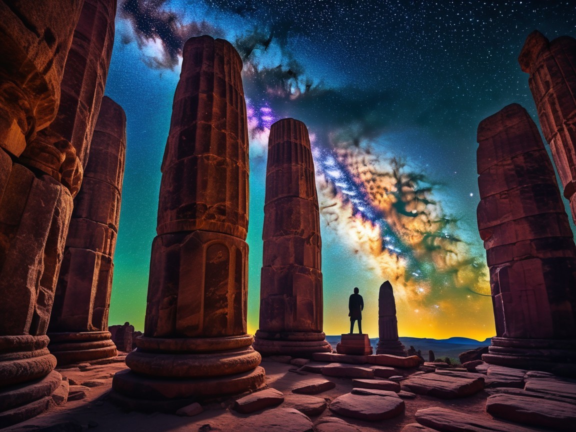 Ancient Stone Columns Under a Starry Night Sky