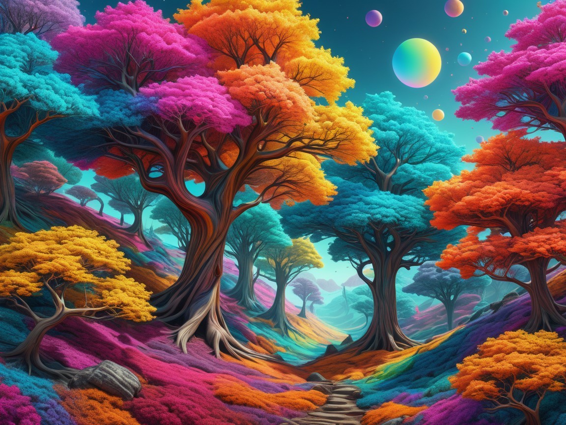 Surreal Landscape with Colorful Trees and Celestial Spheres