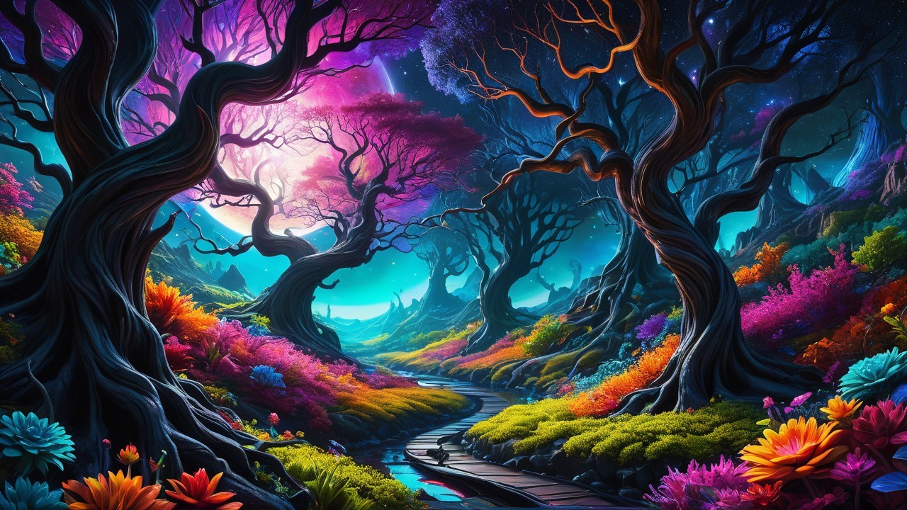 Vibrant Otherworldly Forest Under Cosmic Sky
